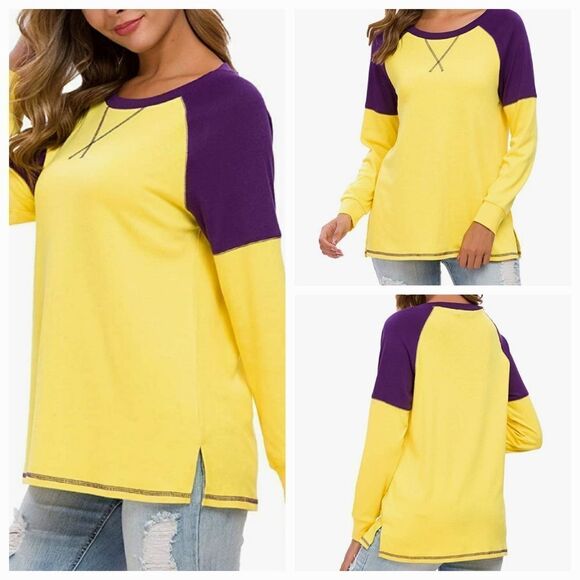💜Yellow & Purple Colorblock Raglan Long Sleeve Top Medium - Picture 1 of 11